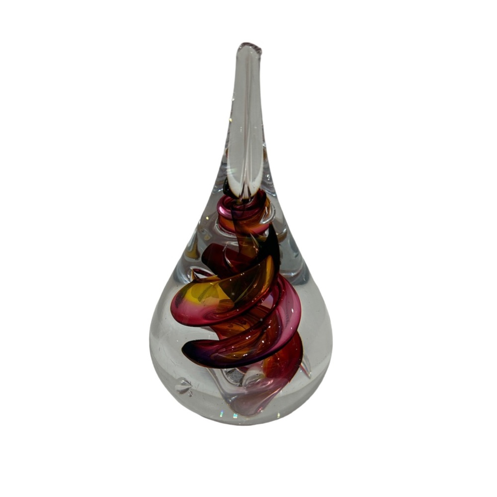 MARIAN PYRCAK Polish Swirl Art Glass Pink Red Gold Paperweight  Signed 5.5”H/3”W